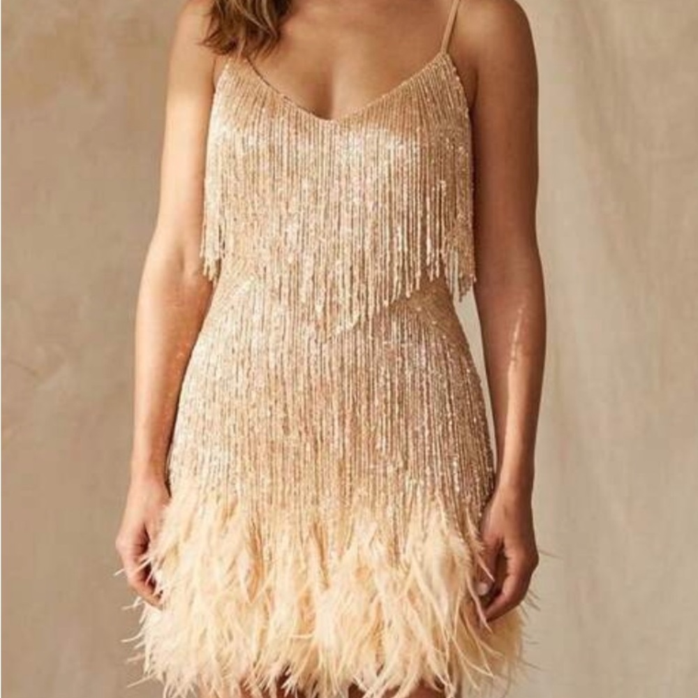 Sequin Fringe Feather Mini Dress Champagne flapper style feathers tassels small